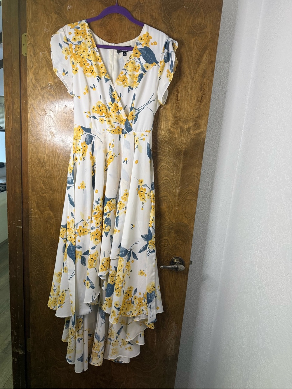 Lulus Women’s XL Floral High-Low Maxi Dress – White, Yellow & Blue
